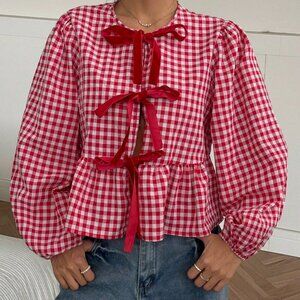 Red And White Casual Women's Cowgirl Hippie Round Neck Gingham Print Top